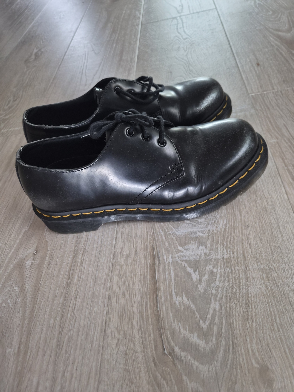 Dr. Martens Black Leather Derby Shoes with Yellow Stitching